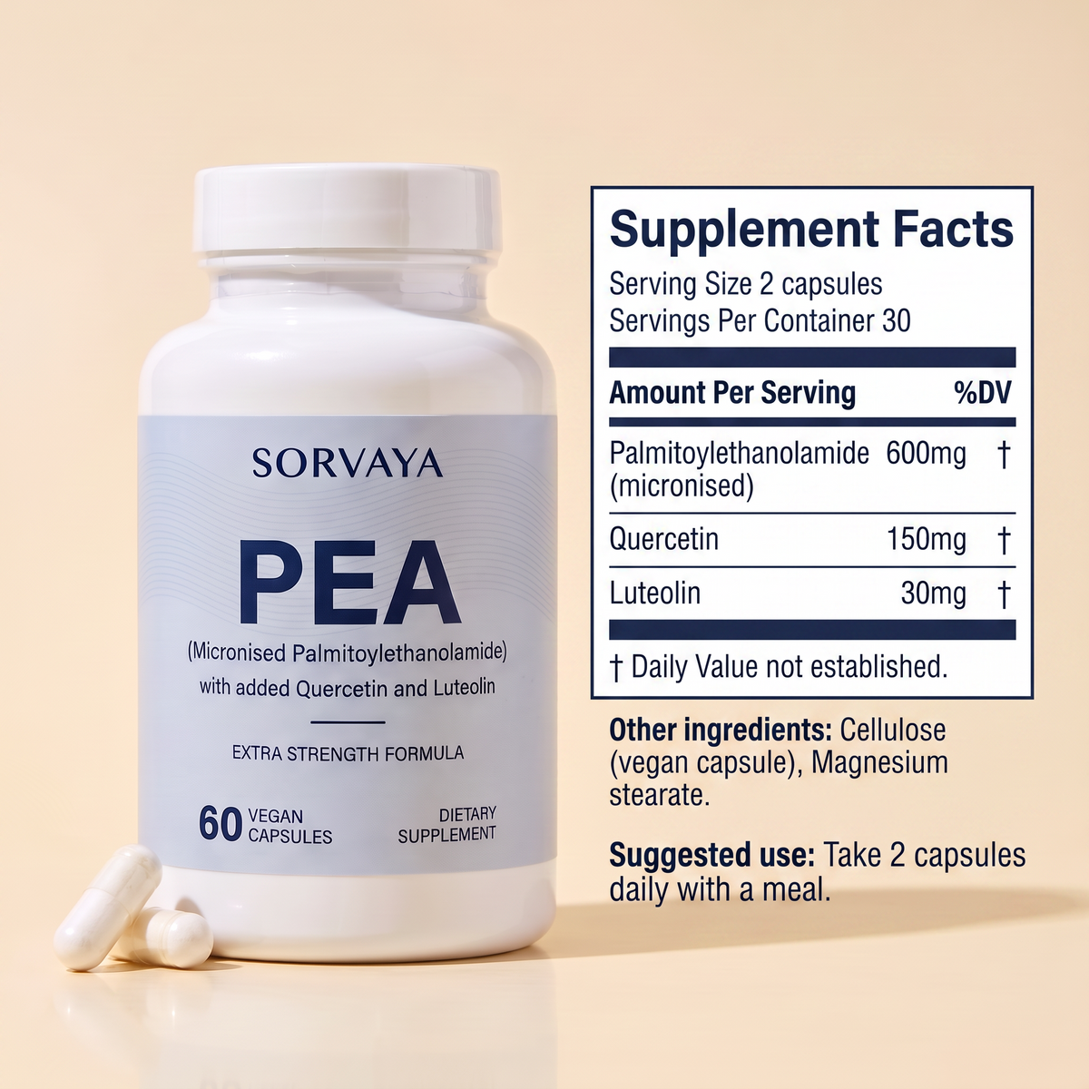 Sorvaya PEA supplement facts panel and suggested use
