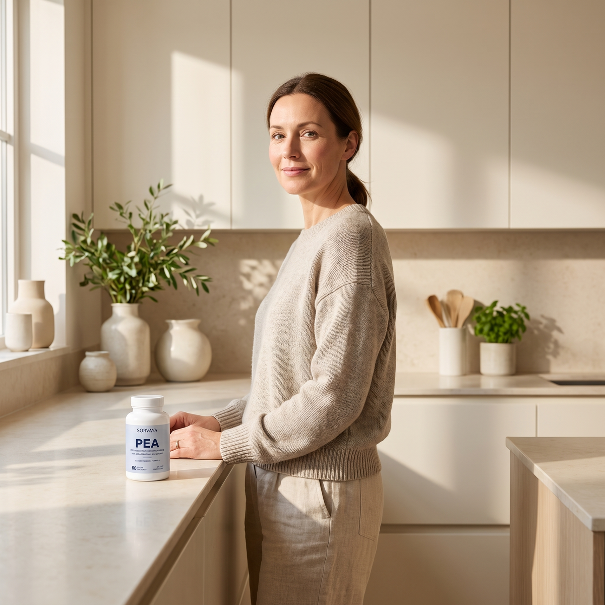 Woman at a sunlit kitchen counter with a bottle of Sorvaya PEA