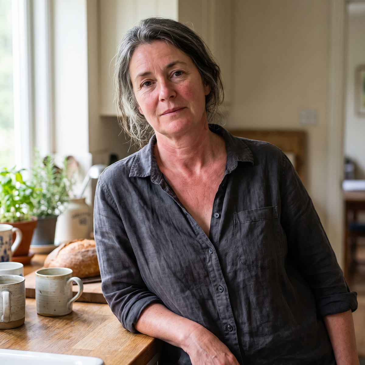 Woman in her fifties at her kitchen counter