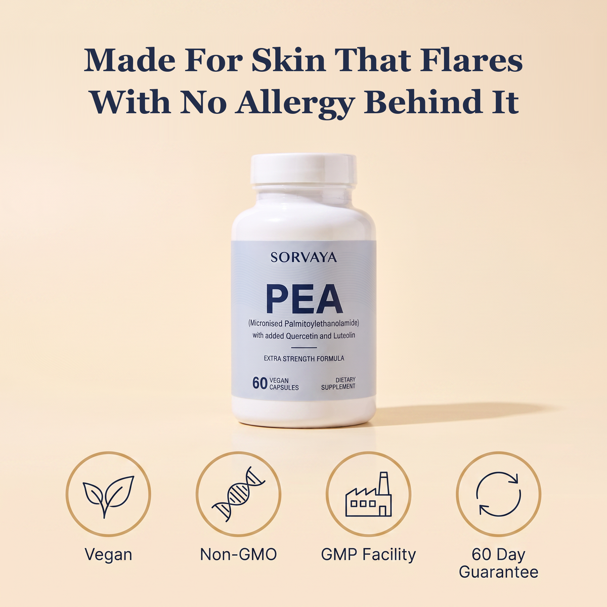 Made for skin that flares with no allergy behind it. Vegan, non-GMO, GMP facility, 60 day guarantee